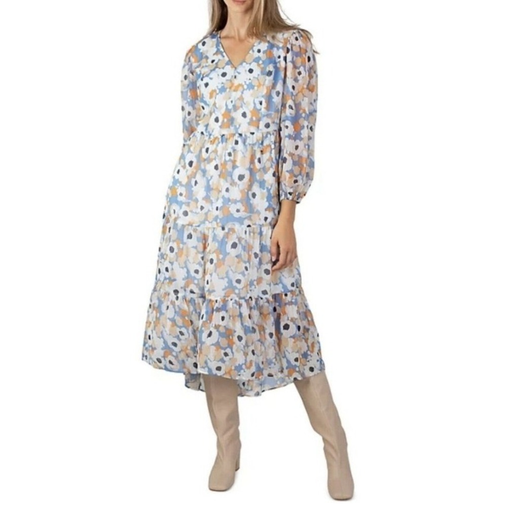 Joie Floral V-Neck Tiered Midi Dress Blue Orange Poppy Print Long Sleeve LARGE